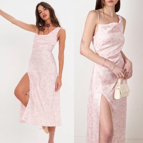 NEW! For Love and Lemon- Baby Pink Floral Ilana Midi Dress With Slit Thigh Large - Picture 2 of 12